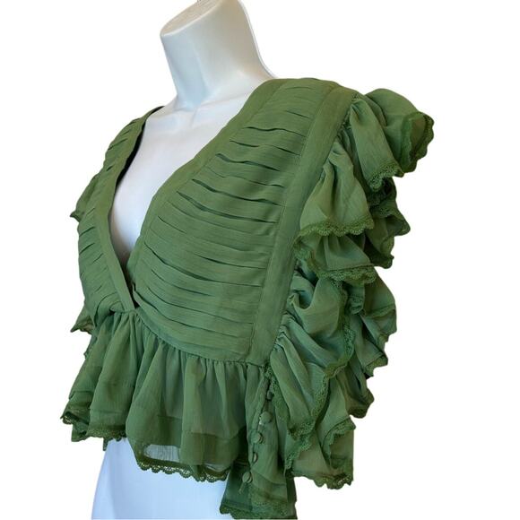 Tularosa Green Chiffon Ruffle Top MEDIUM Cottagecore Romantic Flutter $158 NEW - Picture 5 of 6